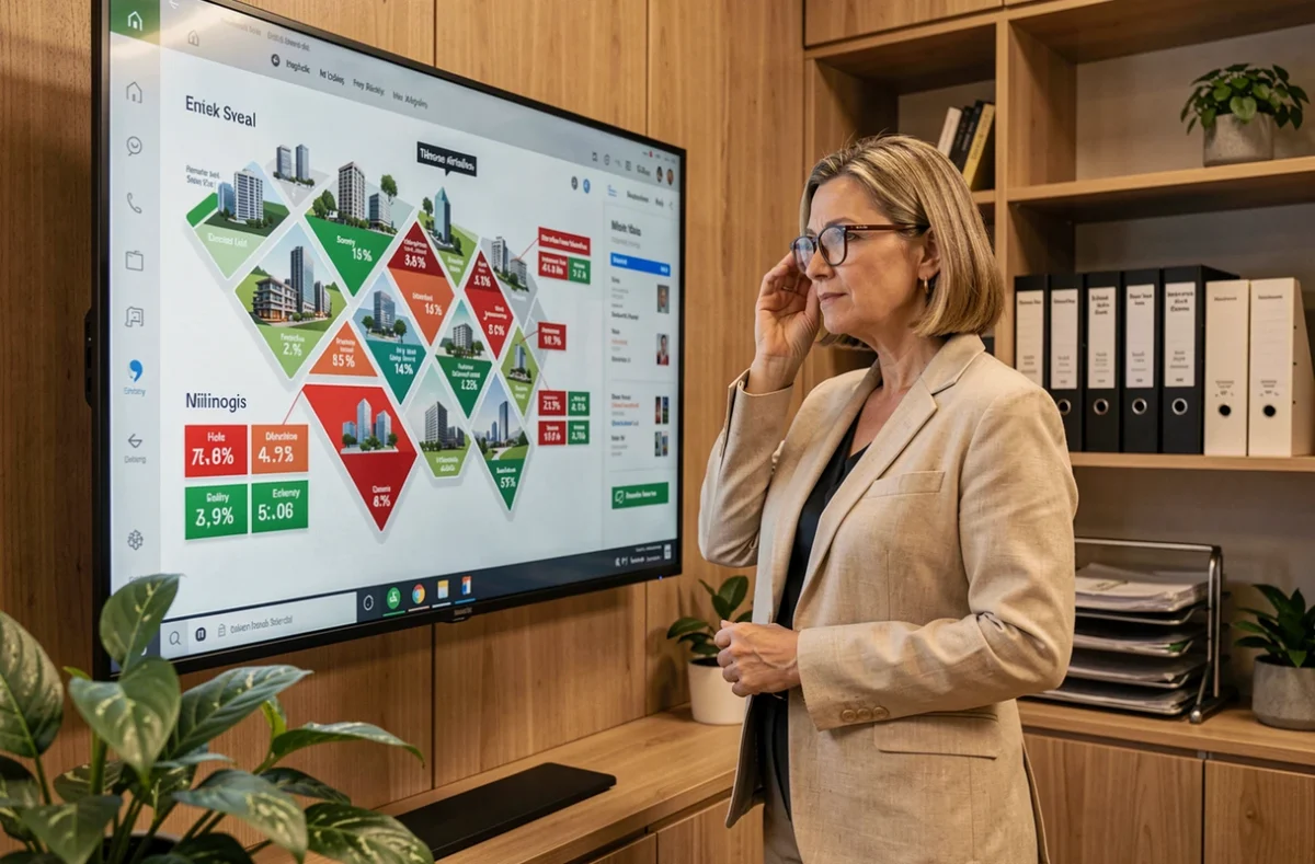 Conseillère financière présentant les risques d'un portefeuille SCPI sur un écran interactif dans un cabinet de conseil