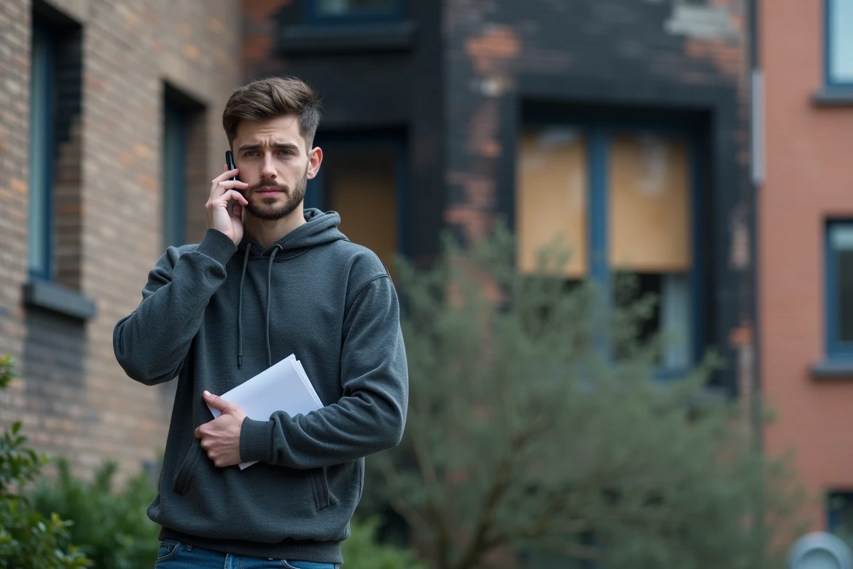 Propriétaire contactant son assurance ACM IARD par téléphone après un sinistre incendie sur sa façade d'immeuble