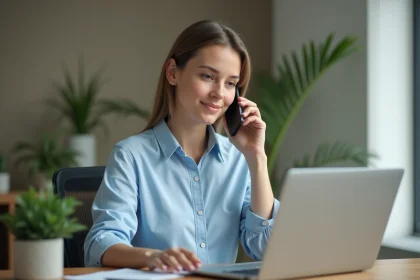 Femme contactant un service client par téléphone depuis son bureau à domicile