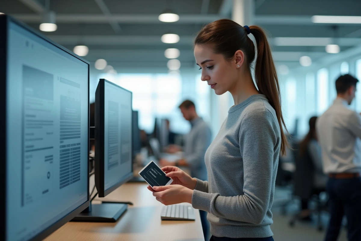 Jeune femme v&eacute;rifiant une application sur un &eacute;cran