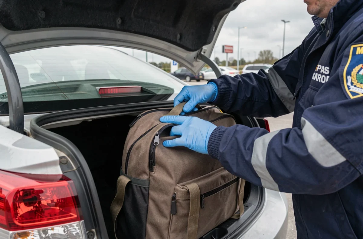 Contrôle douanier d'un coffre de voiture à la frontière
