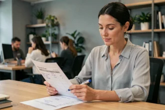 Femme au bureau convertissant des heures en centièmes sur une feuille de suivi du temps de travail