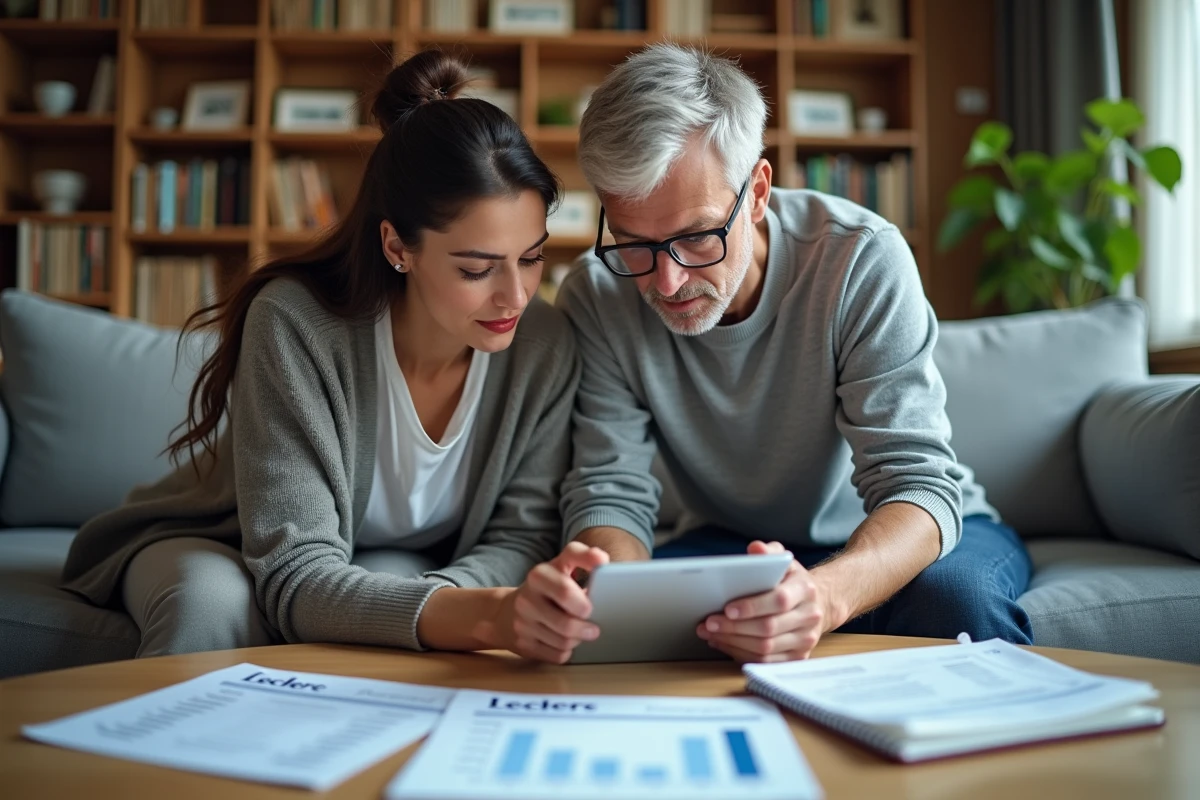 Couple planifiant leur budget courses avec prospectus Leclerc et tablette affichant une simulation de chèques différés dans leur salon