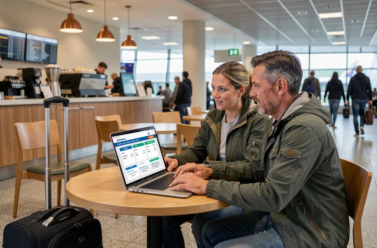 Couple comparant les tarifs d'assurance voyage Air France sur ordinateur portable dans un café d'aéroport