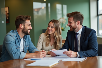 Jeune couple souriant avec conseiller bancaire dans une banque moderne