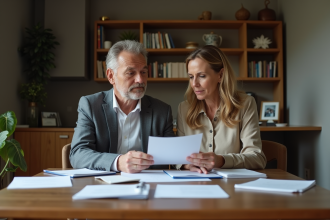 Couple d'adultes réfléchissant sur un document à table
