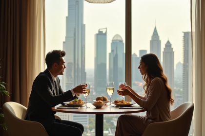 Jeune couple profitant d'un repas dans un appartement moderne à Dubaï