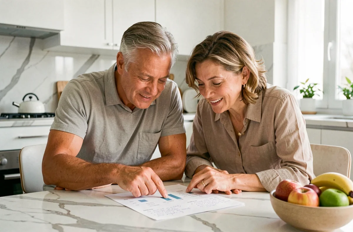 Un couple de quinquagénaires étudie ensemble les rendements de leur investissement en SCPI à la maison