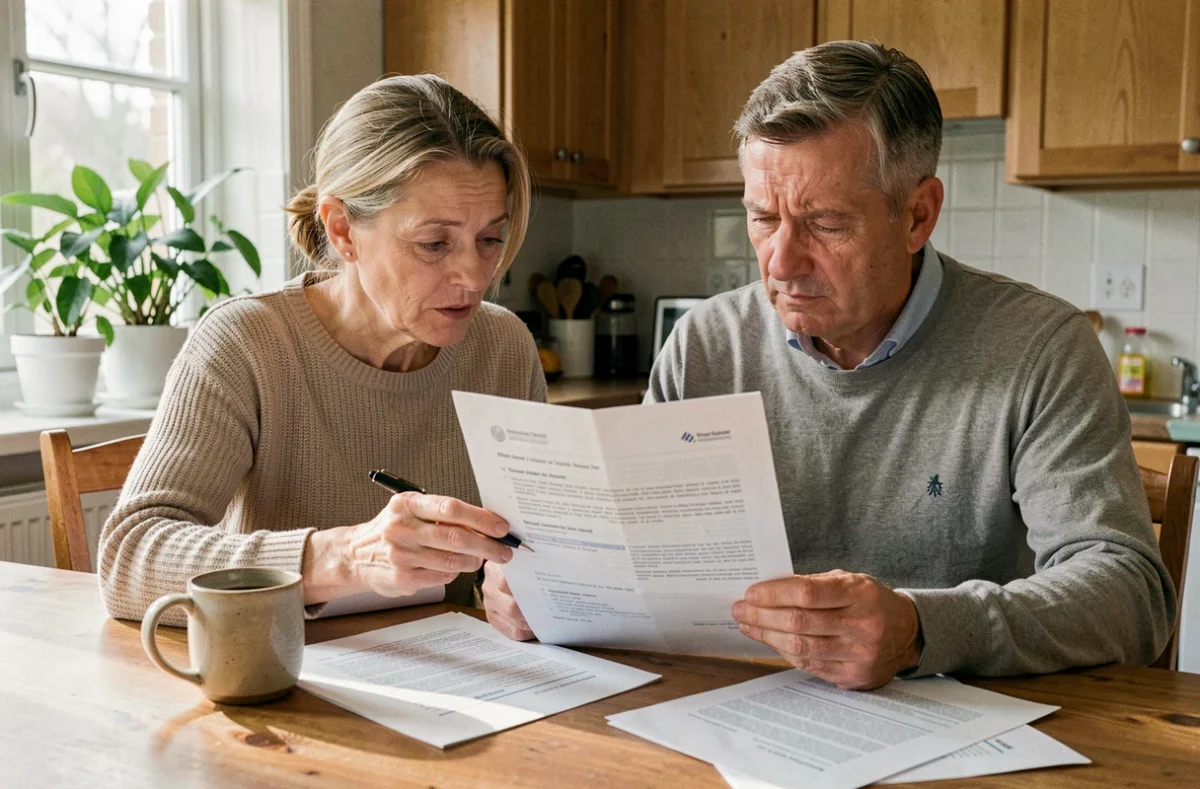 Couple de particuliers étudiant attentivement un prospectus d'investissement SCPI à leur table de cuisine