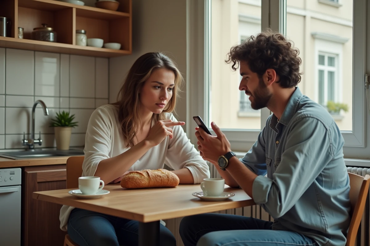 Couple français perplexe face aux erreurs courantes de l'application Venmo dans une cuisine appartement