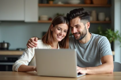 Couple gérant ensemble leur compte joint LCL sur un ordinateur portable à la maison