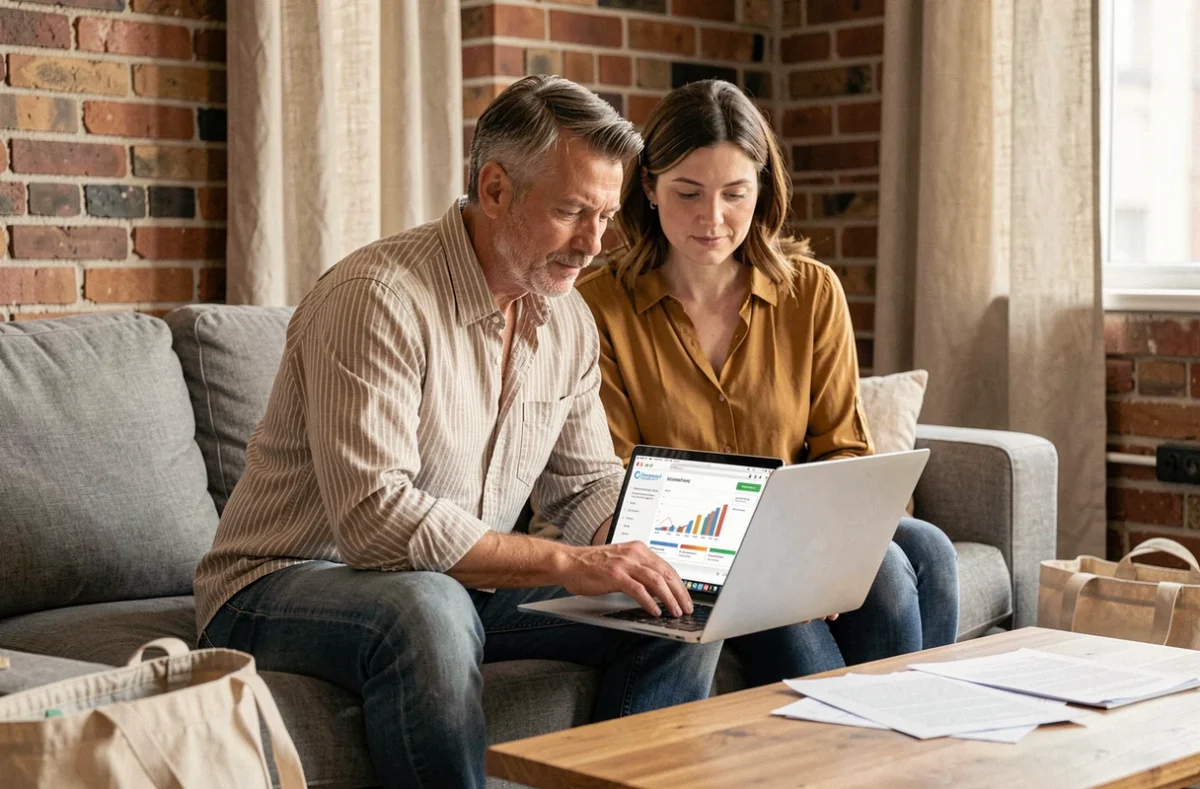 Couple de locataires comparant des offres d'assurance loyer impayé sur un ordinateur portable dans leur appartement