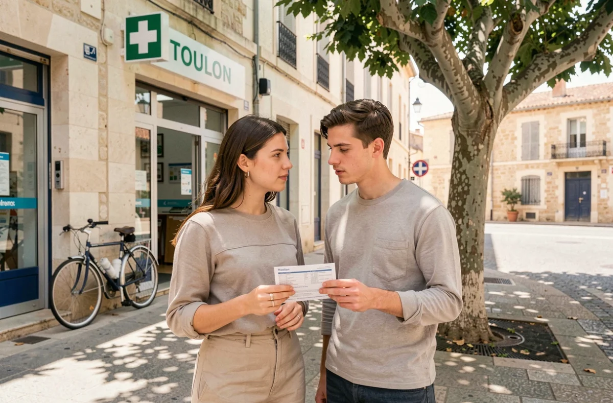 Jeune couple discutant du choix d'une mutuelle santé verte devant une pharmacie à Toulon