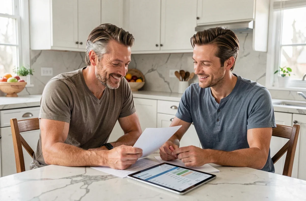 Couple planifiant leurs finances ensemble avec Cofidis Pro sur tablette dans une cuisine moderne pour optimiser leur temps