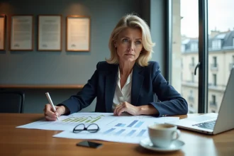 Femme cadre française analysant des courbes de salaire et documents financiers dans un bureau parisien moderne