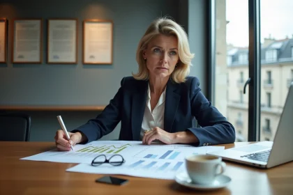 Femme cadre française analysant des courbes de salaire et documents financiers dans un bureau parisien moderne