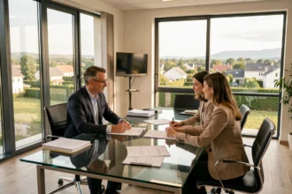 Courtier en crédit immobilier conseillant un couple dans une agence moderne en Essonne