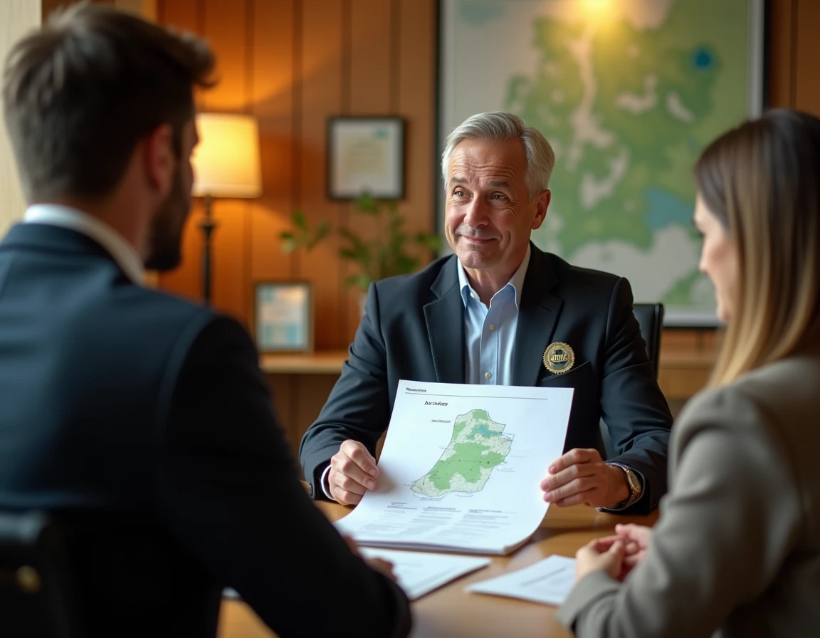 Conseiller Crédit Mutuel Aménagement Foncier présentant un plan de financement immobilier à des clients
