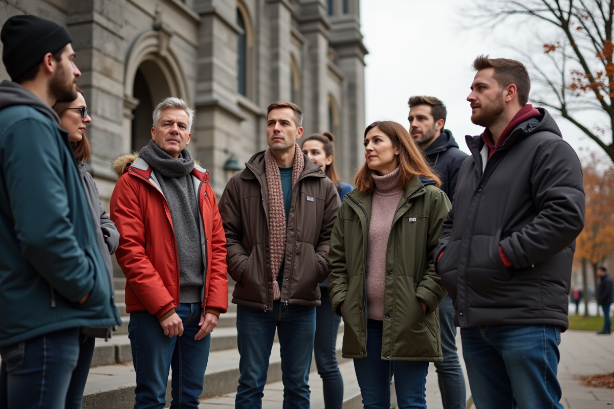 Groupe de personnes discutant devant le parlement canadien