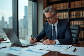 Directeur financier en costume marine analysant des documents fiscaux sur un bureau en acajou dans un bureau moderne avec vue sur la ville