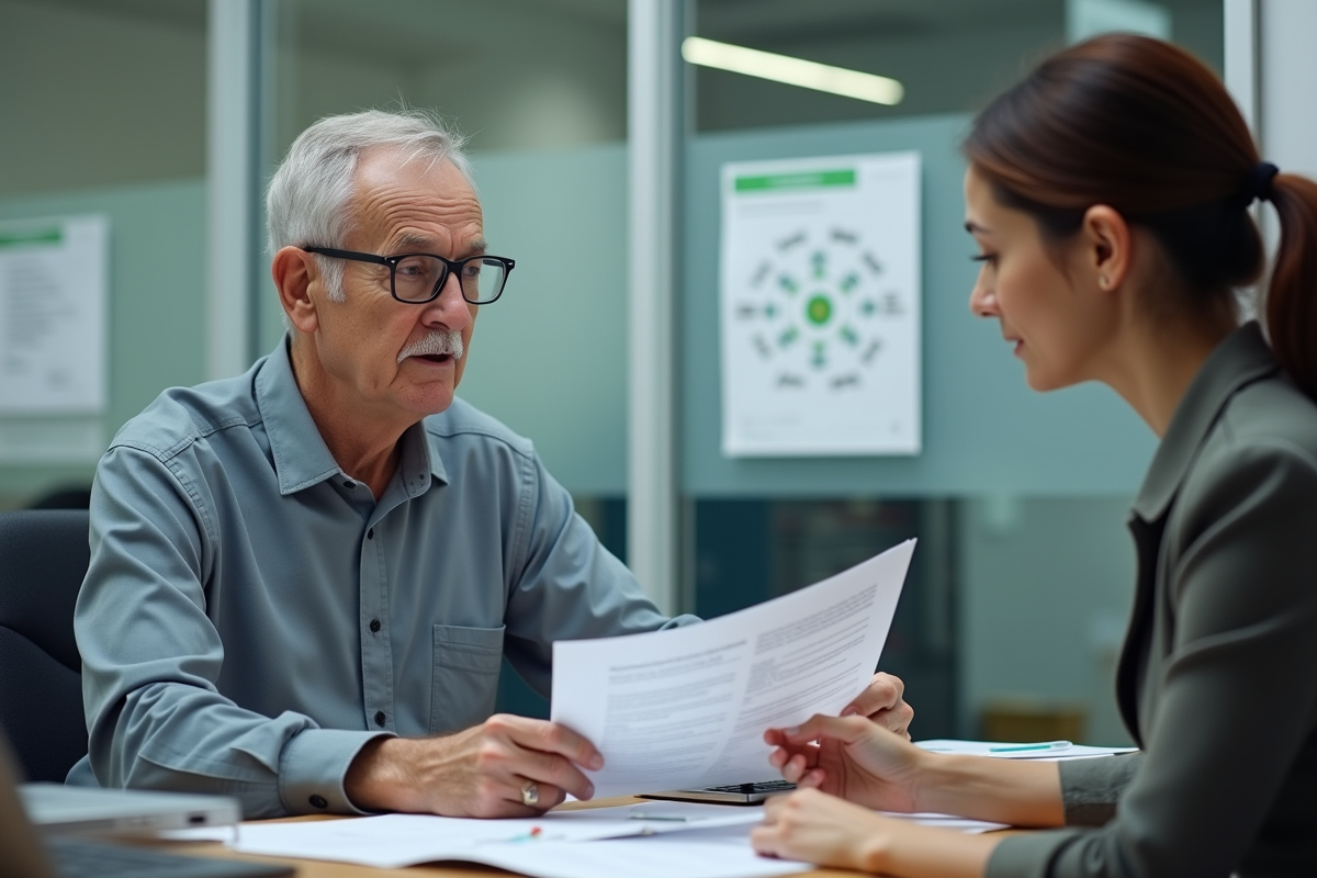 Homme âgé et conseiller discutent de papiers de pension en bureau