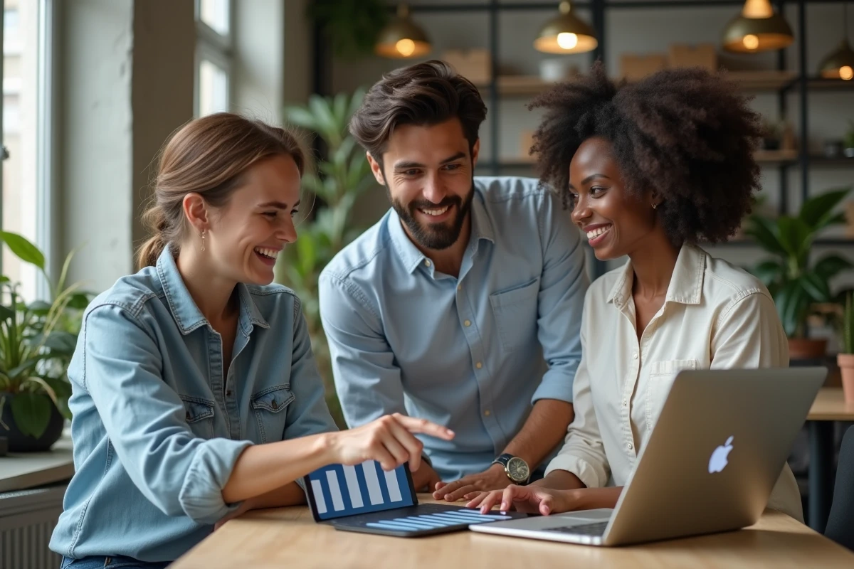 Groupe de collègues français discutant d'une courbe de distribution des salaires sur un ordinateur portable dans un espace de coworking