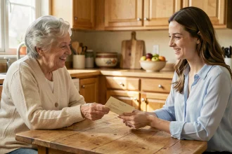 Une grand-mère remet une enveloppe d'argent à sa petite-fille dans une cuisine chaleureuse, illustrant un don familial intergénérationnel