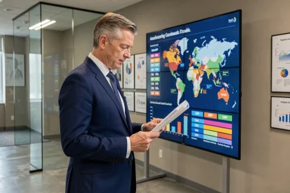 Économiste analysant un classement mondial des pays par PIB sur un écran de données interactif dans une salle de conférence institutionnelle