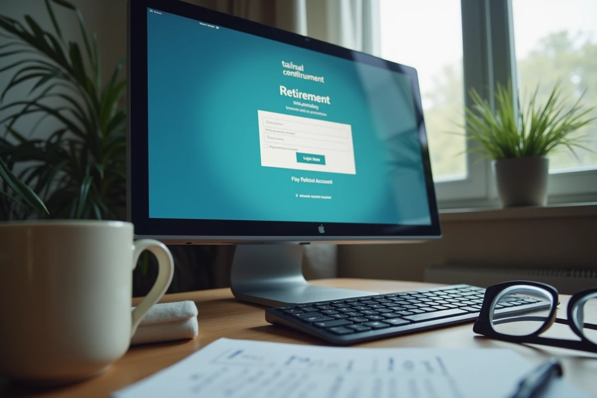 Écran d'ordinateur affichant une page de connexion à un portail de retraite entreprise avec clavier et lunettes
