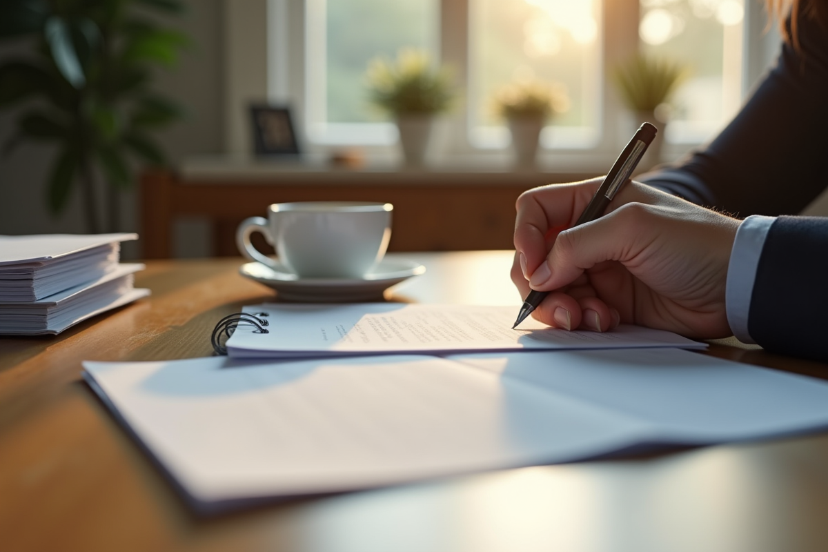 Main écrivant une lettre formelle sur un bureau en bois avec café et documents