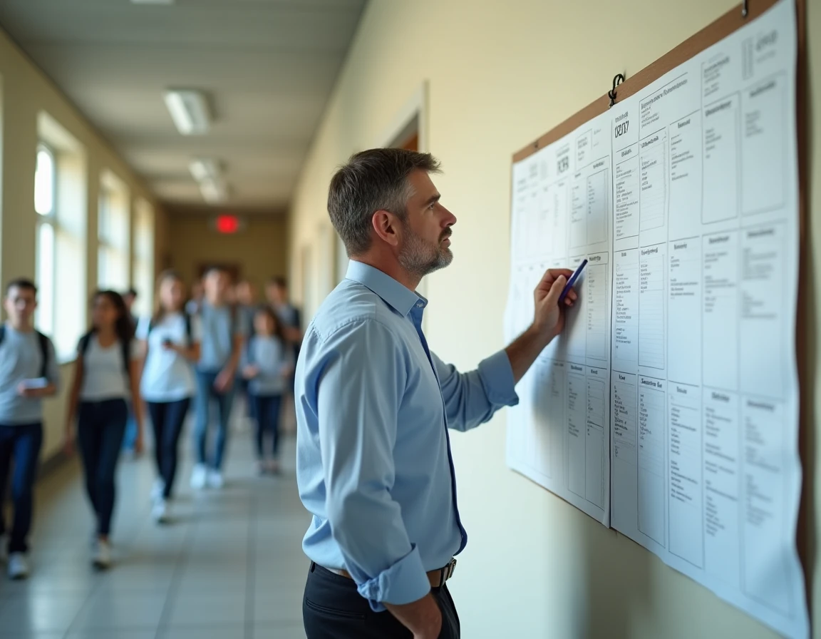 Enseignant pointant un calendrier scolaire dans un couloir d'école, montrant l'impact des jours fériés et vacances sur les salaires des profs en 2026