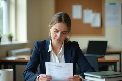 Enseignante qui lit attentivement son bulletin de salaire dans la salle des professeurs