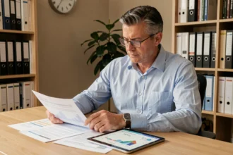 Un épargnant d'une quarantaine d'années analyse des documents financiers sur SCPI à son bureau à domicile
