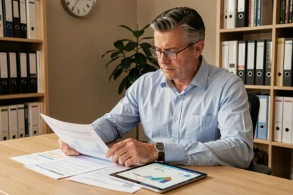 Un épargnant d'une quarantaine d'années analyse des documents financiers sur SCPI à son bureau à domicile