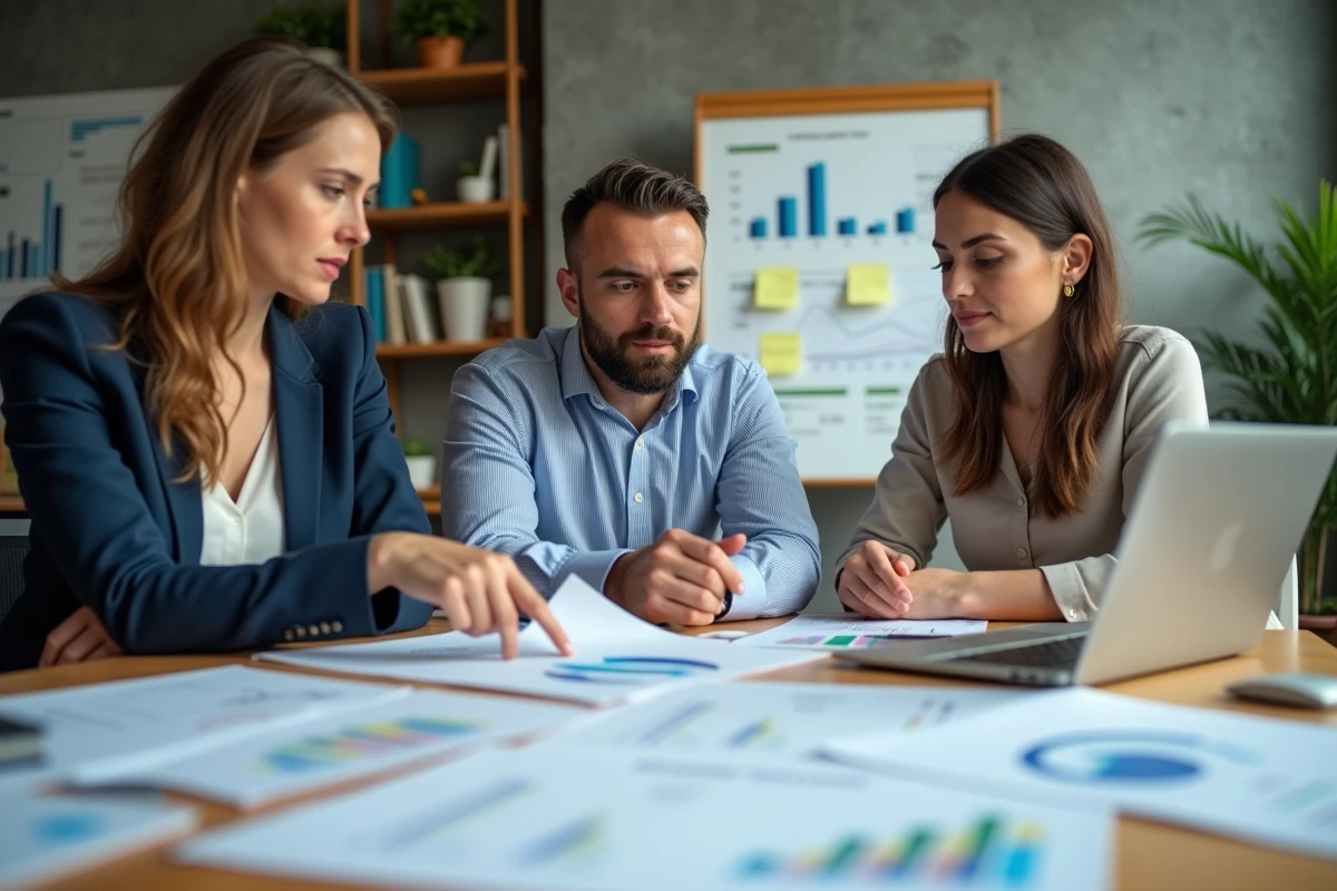 Équipe de comptables réunis autour d'une table de conférence pour analyser des déclarations d'acomptes d'impôt sur les sociétés en groupe fiscal