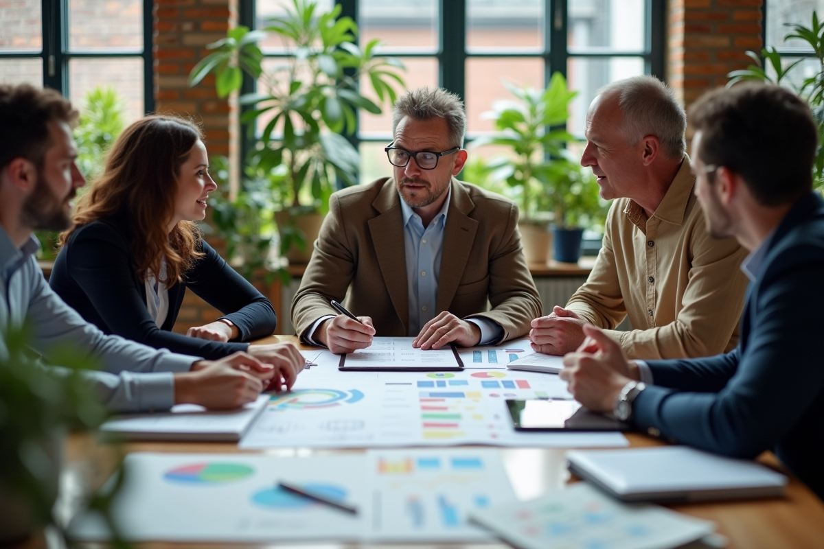 Groupe de collègues analysant un graphique de projet