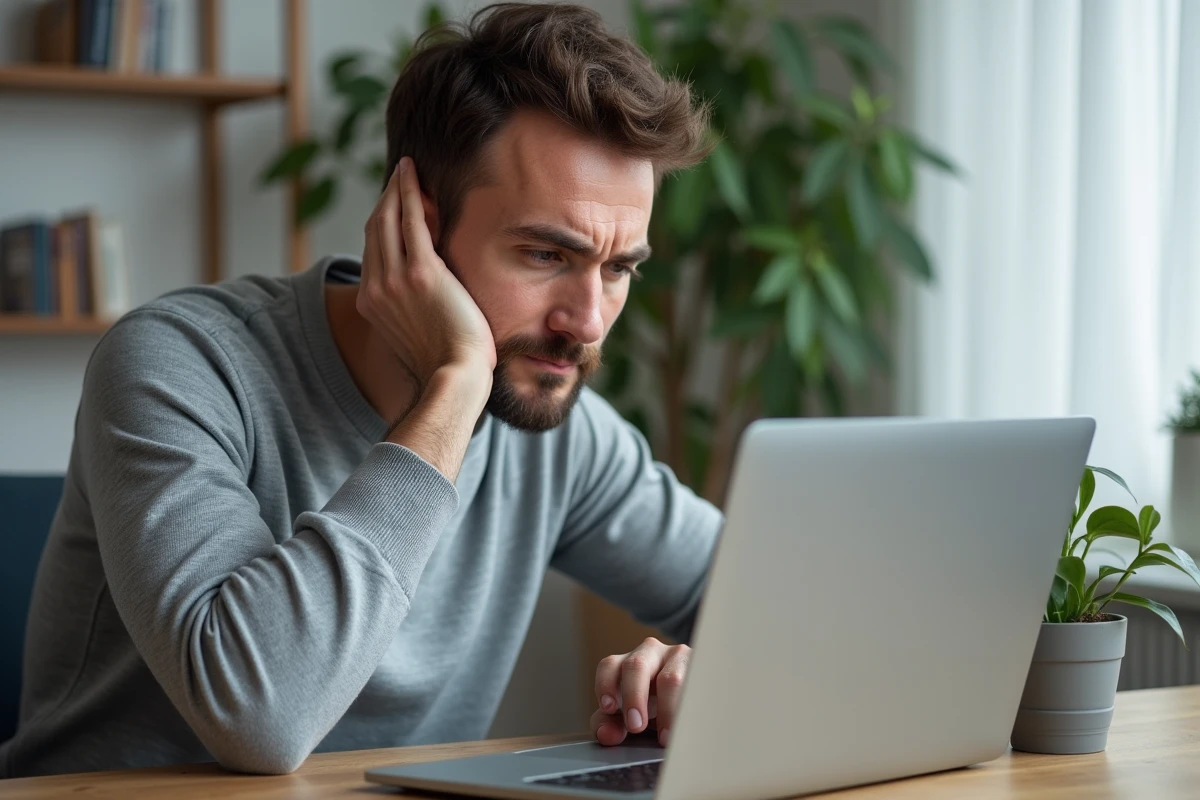Homme français analysant une erreur de paiement en ligne sur Venmo depuis son bureau à domicile