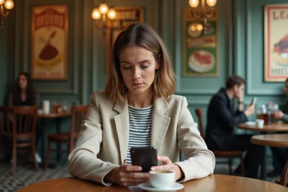 Femme française confuse devant l'application Venmo sur son smartphone dans un café parisien