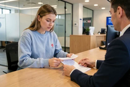 Étudiante ouvrant un compte bancaire HSBC avec un conseiller dans une agence moderne