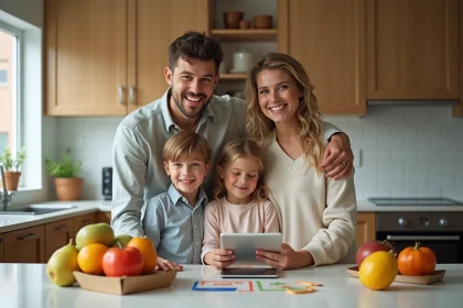 Famille souriante dans la cuisine moderne avec courses et tablette
