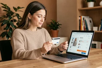 Femme utilisant une carte bancaire virtuelle CMB Virtualis pour un achat en ligne sur un ordinateur portable à son bureau