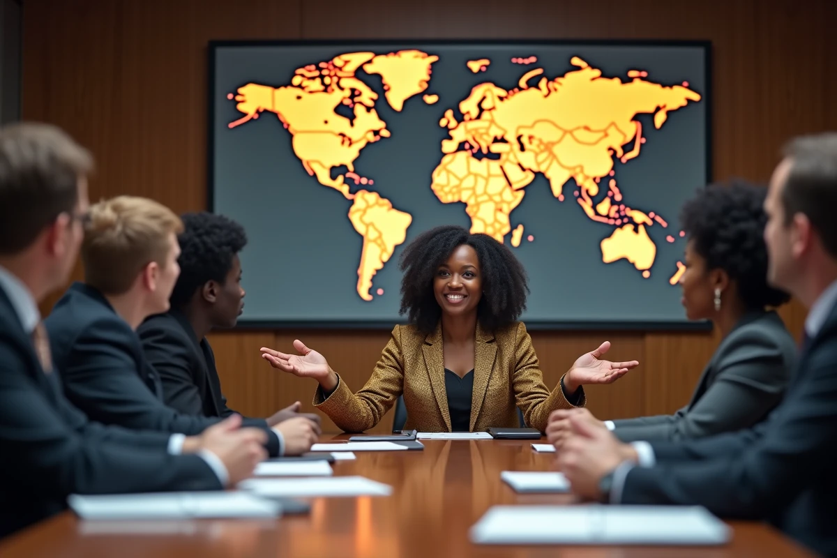 Femme d'affaires africaine en réunion économique internationale présentant les marchés émergents sur une carte du monde projetée