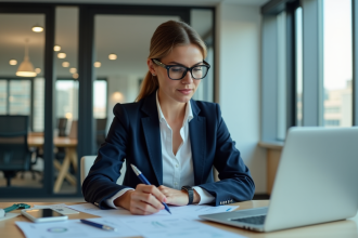 Femme d'affaires en réunion de travail concentrée