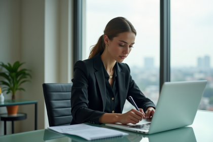 Femme d'affaires concentrée sur son ordinateur portable dans un bureau lumineux