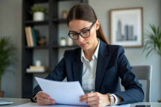 Femme d'affaires en costume lisant un contrat de prêt