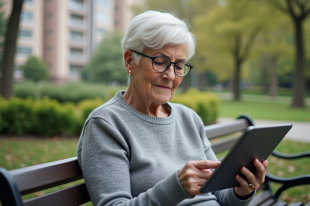 Femme âgée utilise une tablette dans un parc urbain