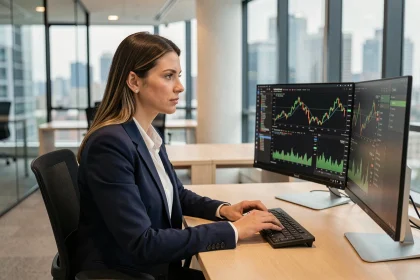 Femme professionnelle analysant des graphiques financiers en ligne sur des écrans dans un bureau moderne