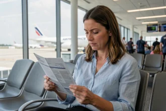 Femme lisant un document d'assurance voyage Air France dans un terminal d'aéroport
