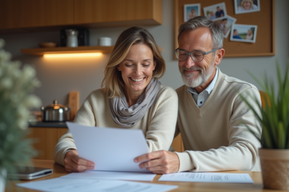 Femme française souriante vérifiant documents d'assurance à la maison