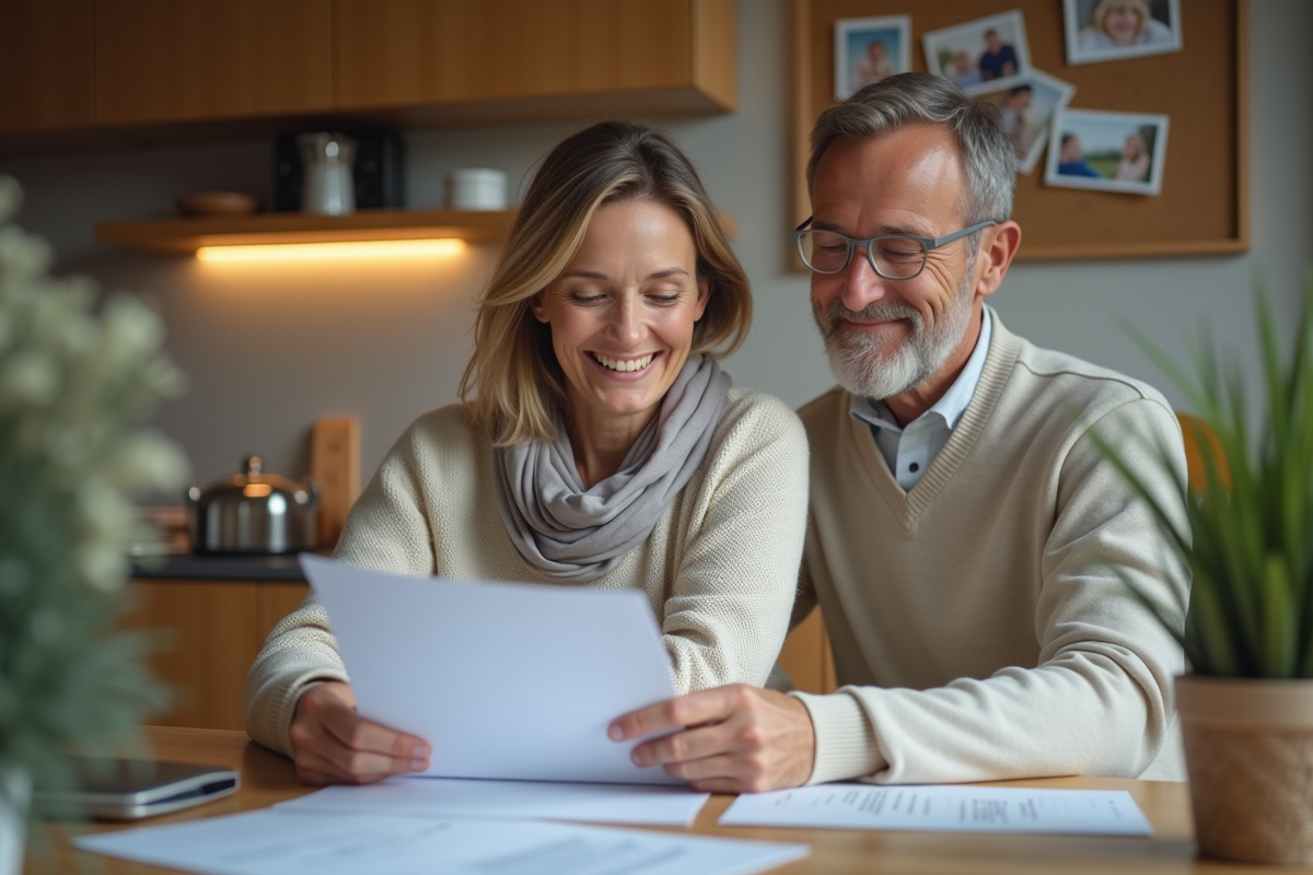 Femme française souriante vérifiant documents d'assurance à la maison